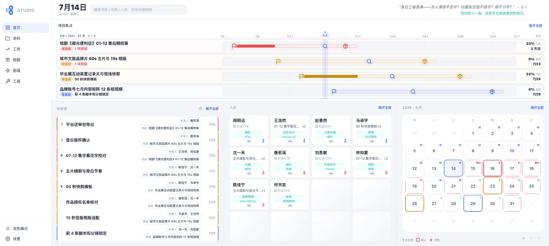 项目总览：任务统计、项目进度与最近活动